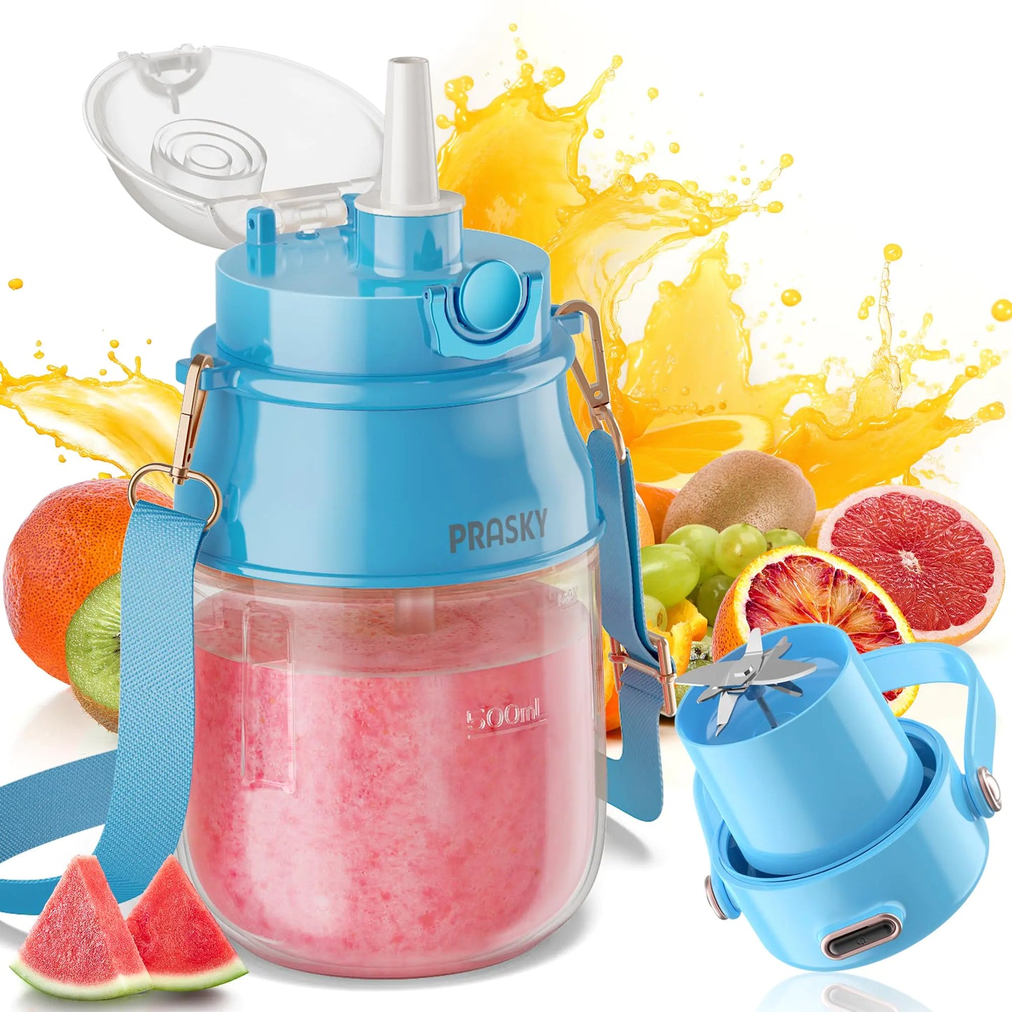 Portable Blender Personal Blender for Shakes and Smoothies with 27oz Cup Lid and Shoulder Strap Type-C USB Rechargeable Dishwasher Safe Parts BPA free Blue Juice for Gym/Travel/Kitchen